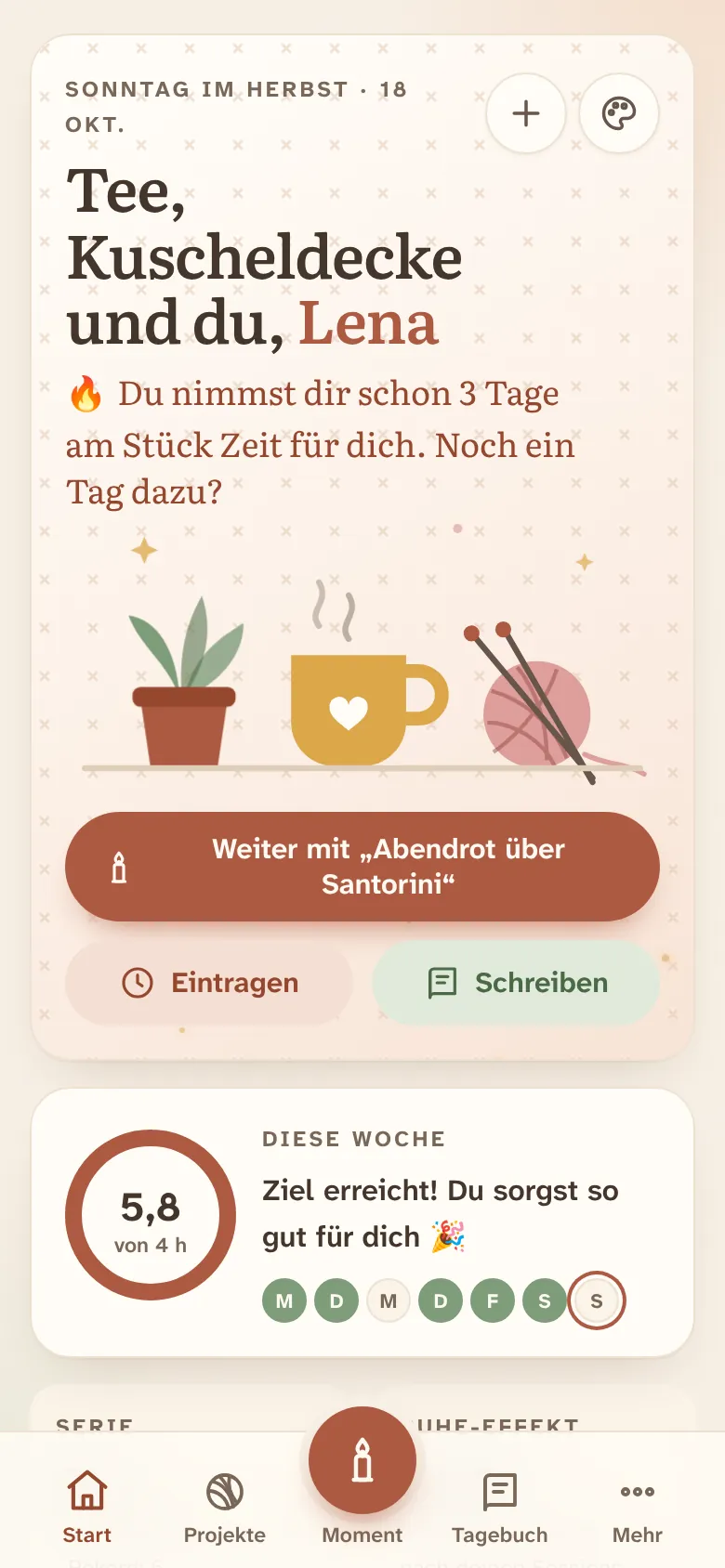 Der Startbildschirm mit Begrüßung, Kerze und Wochenübersicht