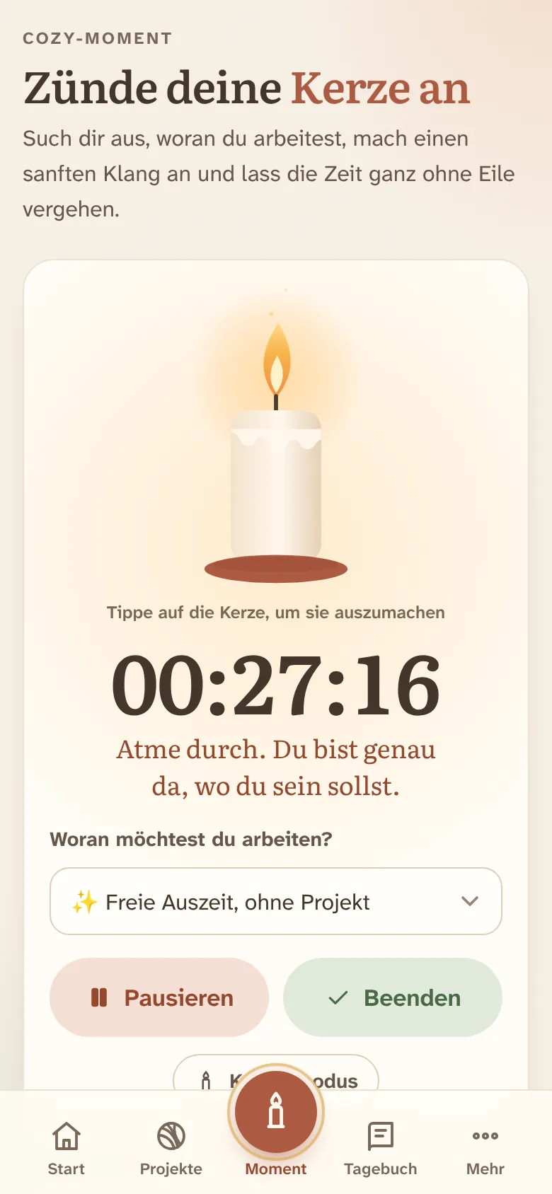 Der Bildschirm „Moment“ mit brennender Kerze und laufender Stoppuhr