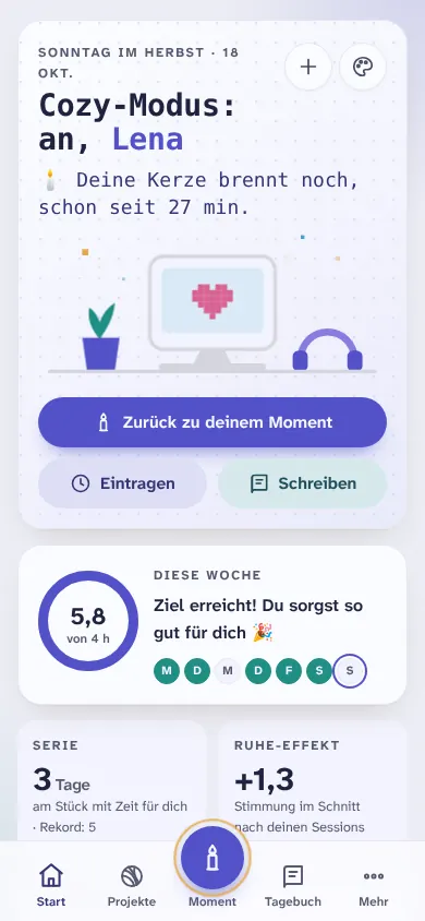 Der Startbildschirm im Stil Pixel und Neon