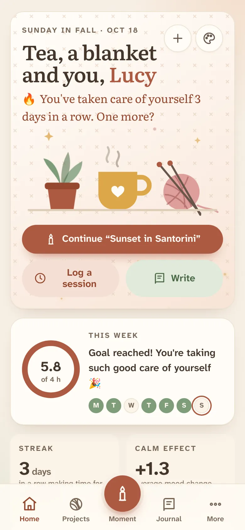 The home screen with the greeting, the candle and the week’s summary