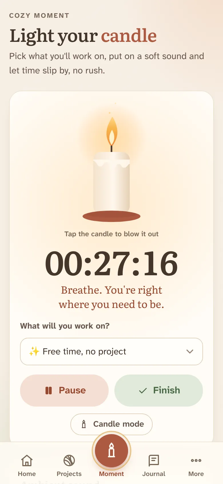 The Moment screen with the candle lit and the timer running