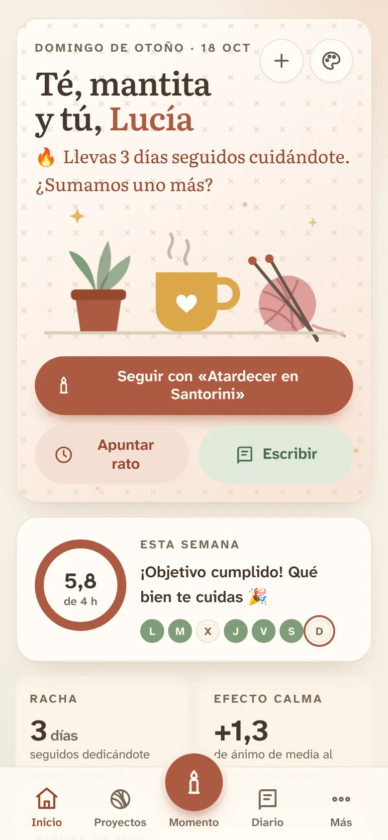 Pantalla de inicio con el saludo, la vela y el resumen de la semana