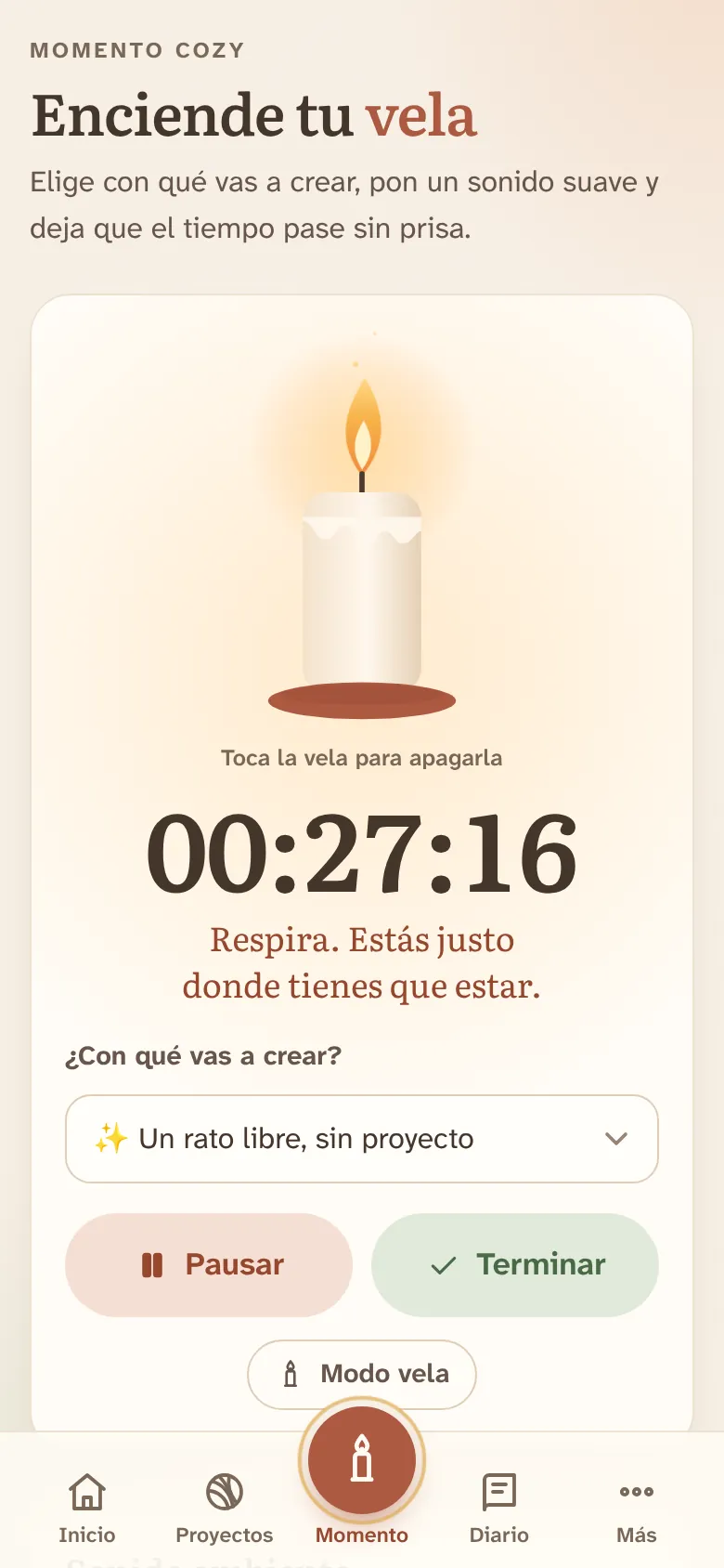 Pantalla Momento con la vela encendida y el cronómetro en marcha