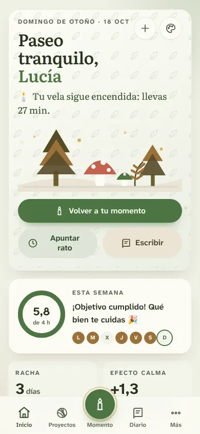 La pantalla de inicio con el ambiente Bosque y musgo