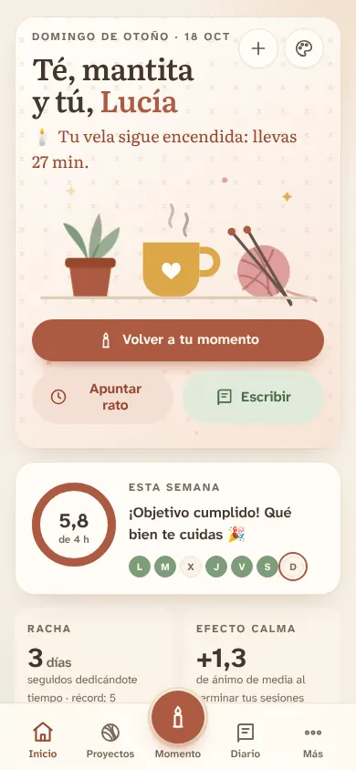 La pantalla de inicio con el ambiente Rincón cozy