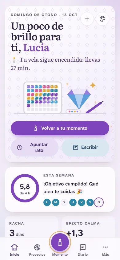 La pantalla de inicio con el ambiente Diamond painting