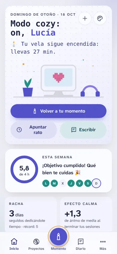 La pantalla de inicio con el ambiente Píxel y neón