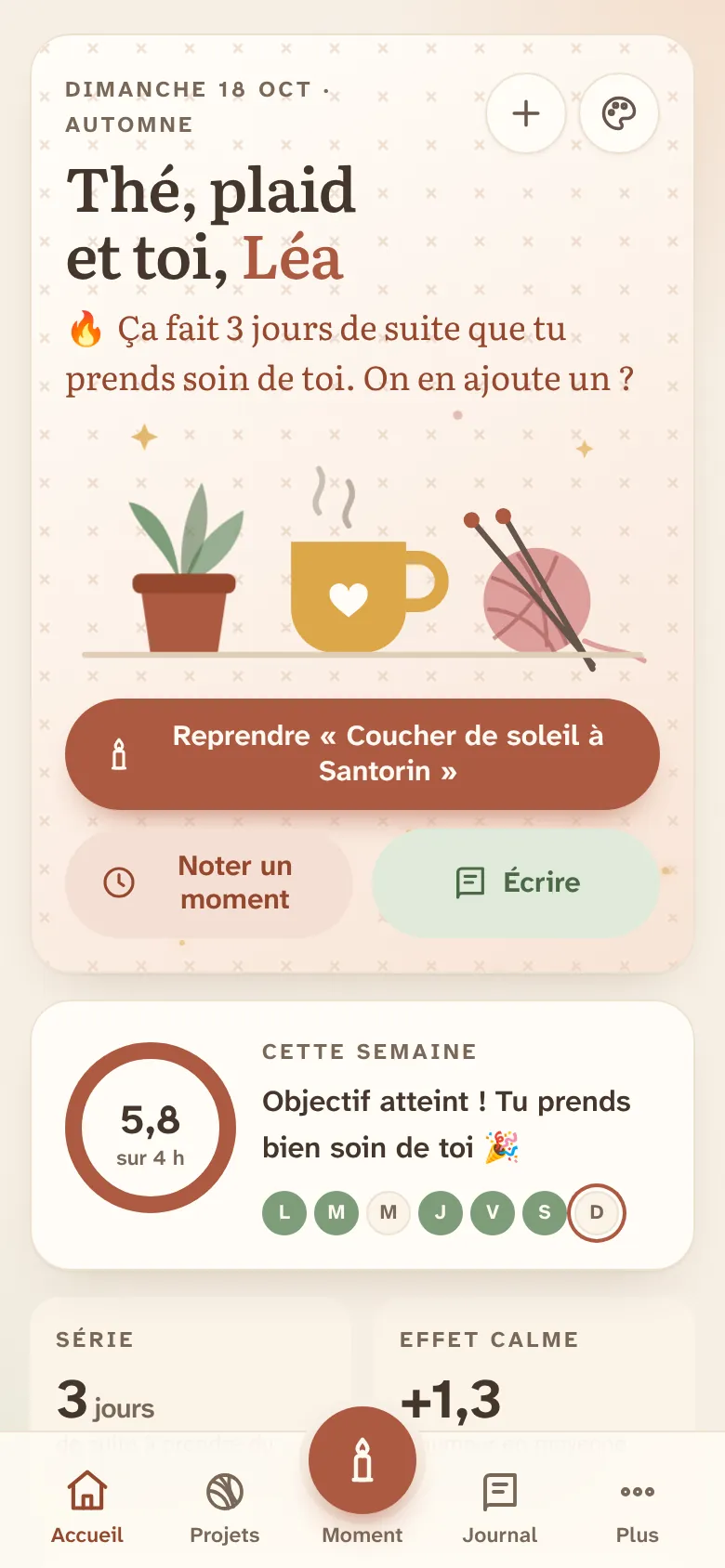 Écran d’accueil avec le message de bienvenue, la bougie et le résumé de la semaine