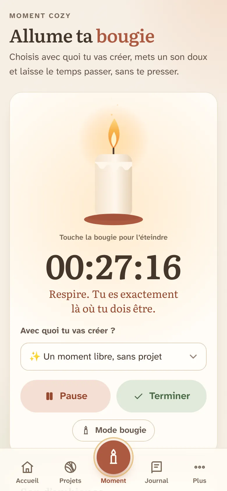 Écran Moment avec la bougie allumée et le chronomètre en marche