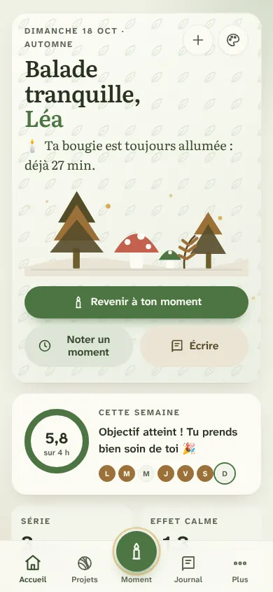 L’écran d’accueil avec l’ambiance Forêt et mousse
