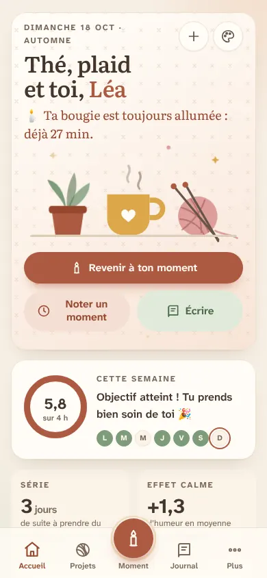 L’écran d’accueil avec l’ambiance Coin cozy