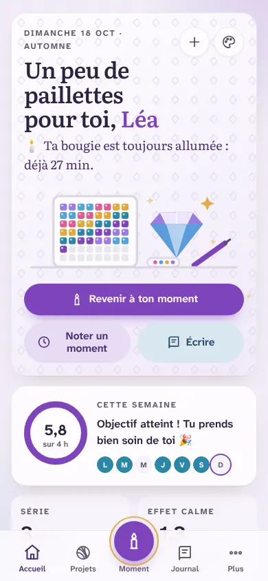 L’écran d’accueil avec l’ambiance Diamond painting